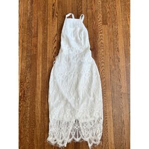 Xenia Boutique White Lace Halter Midi Dress Open Back Lace Up‎ Bridal Event Sz 8
